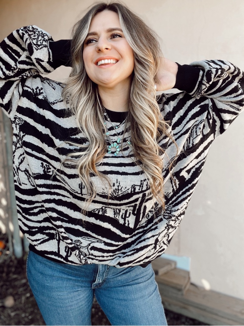 Women's Black & Cream Crew Neck Sweater - Desert Stripe Knit - Picture 7 of 7